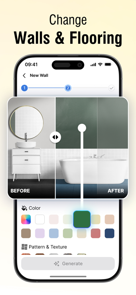 A before and after bathroom transformation showing AI-powered wall and flooring color changes in the DECOZY app.