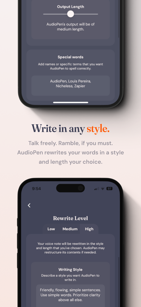 AudioPen - Benutzeroberfläche der AudioPen-App, die Anpassungsoptionen für KI-Schreibstile und Ausgabelänge anzeigt