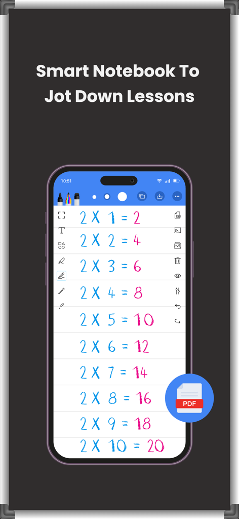Drawing and Writing Whiteboard - A digital whiteboard app displaying handwritten multiplication tables for school lessons