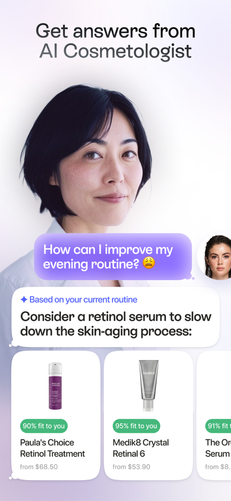 Lovi - AI Skin Care Scanner - AI assistant in Lovi app recommending personalized retinol serums for an evening skincare routine