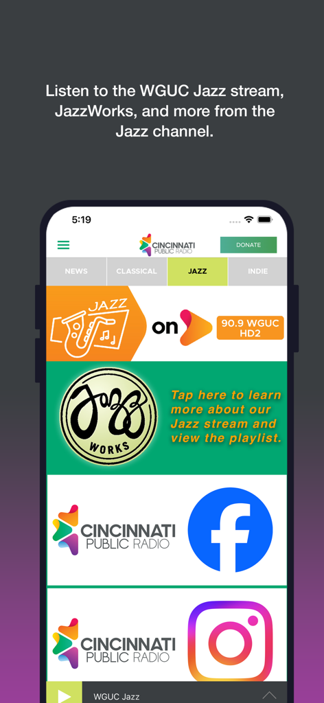 Cincinnati Public Radio - Cincinnati Public Radio app screen for the WGUC Jazz channel with social media links and playback options