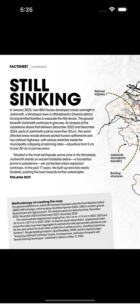 Un rapporto ambientale intitolato Still Sinking riguardo al cedimento del suolo a Joshimath dall'app Down To Earth Magazine