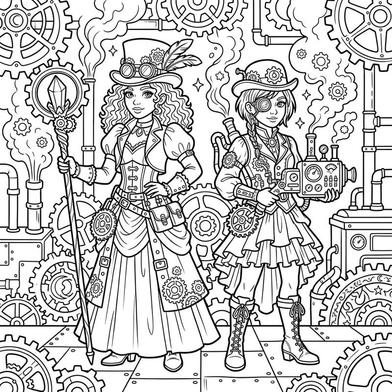 Step into an extraordinary realm where the ancient art of witchcraft blends seamlessly with the intricate gears and steam of steampunk technology. This unique coloring page invites you to bring two powerful modern witches to life amidst a fascinating industrial backdrop.
