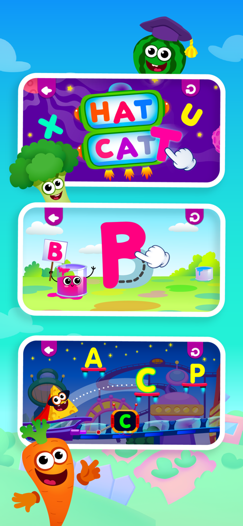 Kids Games! Learning 4 Toddler - Funny Food Academy app screenshots showing toddler learning games for spelling and letter tracing.