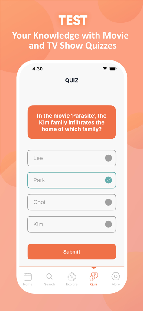 DramaCool: Kdrama Movie & Show - DramaCool 앱의 영화 퀴즈 인터페이스로 영화 '기생충'에 대한 질문 포함