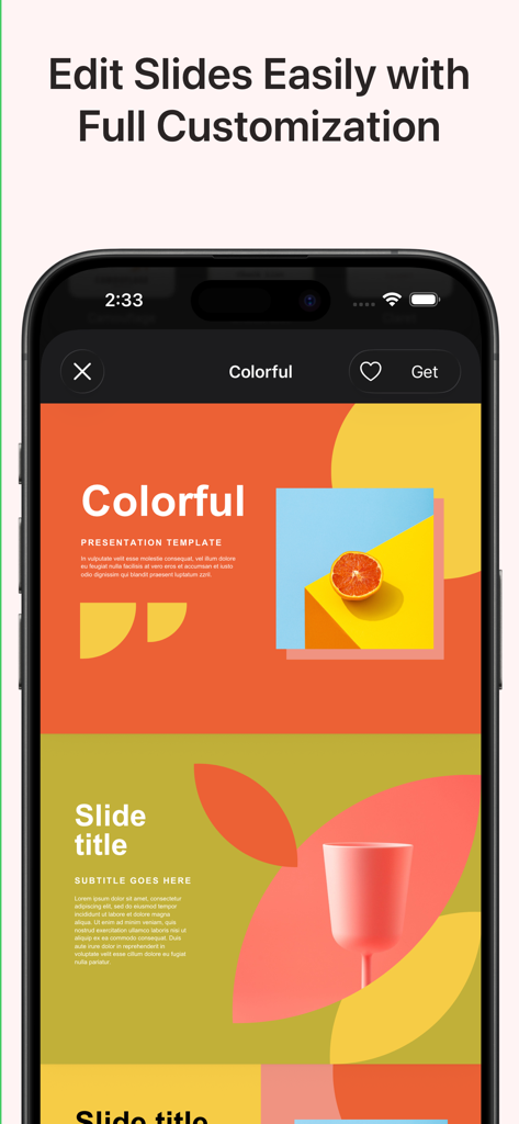iPhone screen displaying a vibrant and customizable PowerPoint presentation template