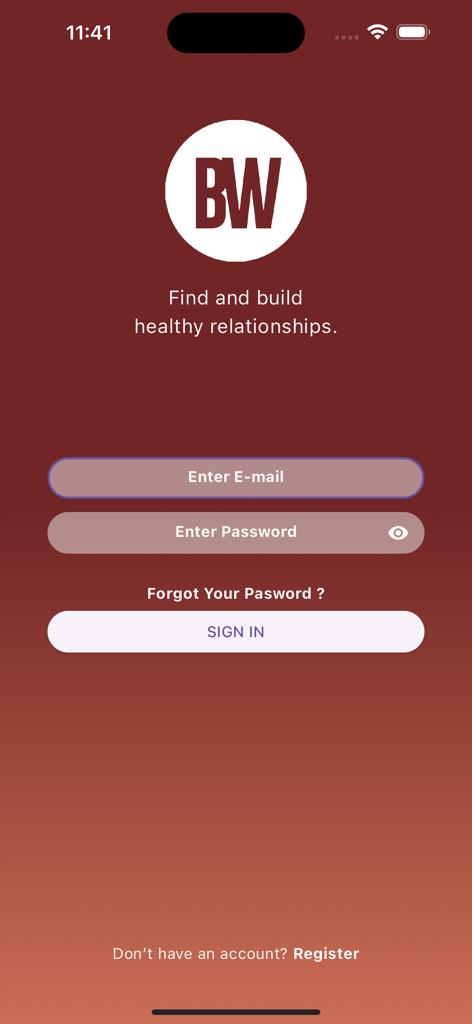Boiling Waters - Boiling Waters dating app sign in screen featuring the BW logo and email login fields