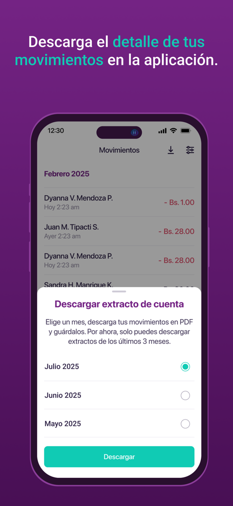 Yape Bolivia - Interface do app Yape Bolívia para baixar extratos mensais da conta