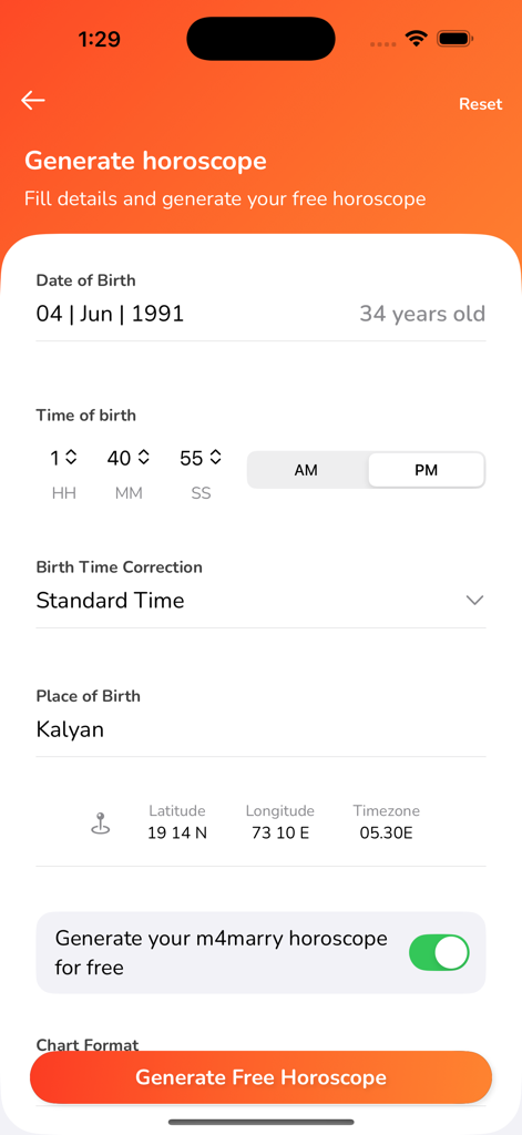 The horoscope generation screen in the M4marry app where users enter birth details to find compatible matches.