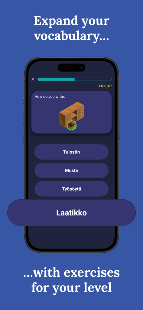 Écran d'une application d'apprentissage de la langue finnoise montrant un exercice de vocabulaire avec une illustration de tiroir de bureau et des options à choix multiples.