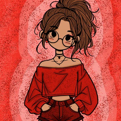 girl with a messy ponytail glasses a baggy crop top and jean shorts