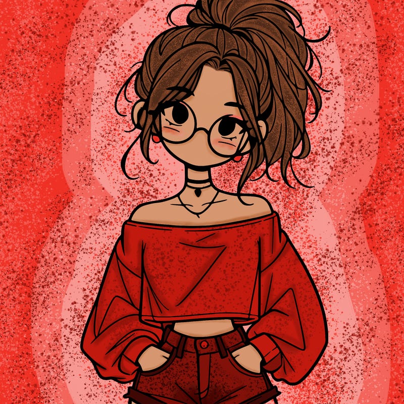 girl with a messy ponytail glasses a baggy crop top and jean shorts