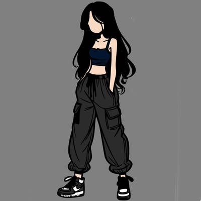 girl in baggy pants crop top and long hair