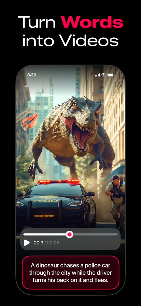 ArtReel mobile app interface demonstrating text-to-video generation with a T-Rex chasing a police car in a city.