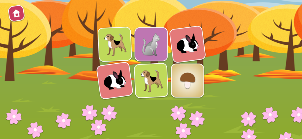 Memory Game - 2-4 year olds - A children memory matching game interface showing animal cards like dogs and rabbits set against a colorful autumn forest background.