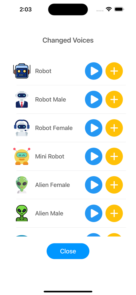 ロボットとエイリアンのアイコンを特徴とするボイス変換エフェクトのリスト