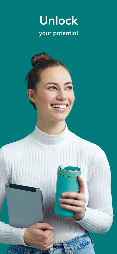 Access Learning - A smiling young professional woman holding a tablet and a coffee mug with the text Unlock your potential