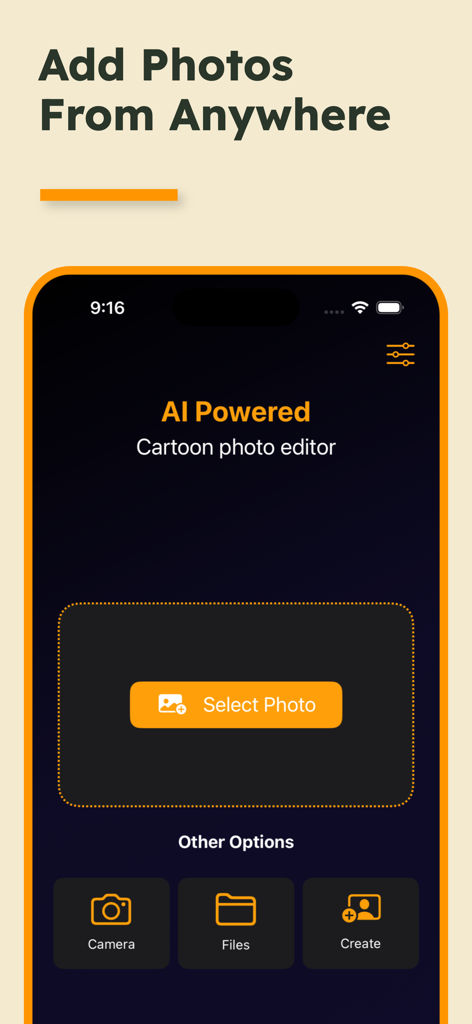 The upload screen of the Cartoon Me AI Photo Editor showing options to select photos from the camera or files