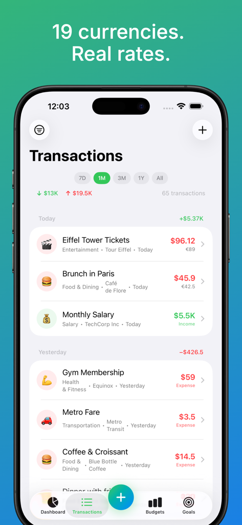 MoneyTalks – Personal Finance - iPhone screen displaying the transactions list in the MoneyTalks app with multi-currency tracking