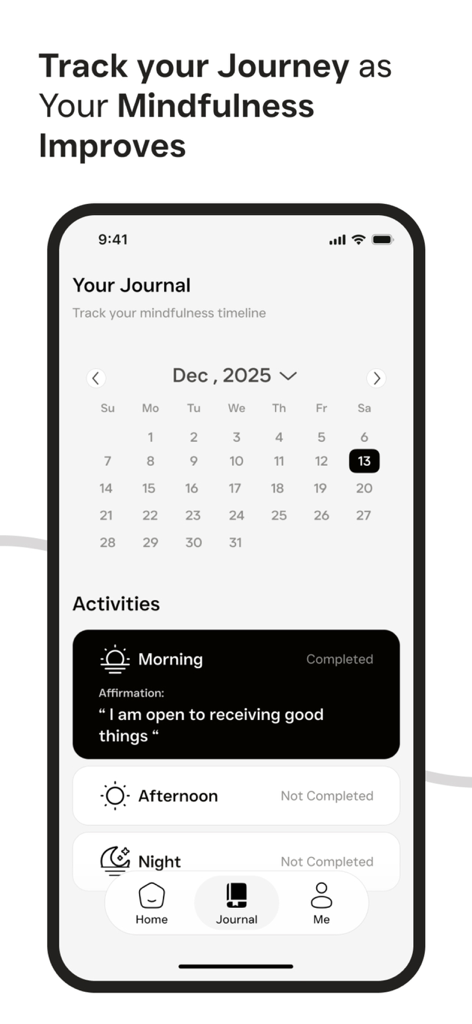 Mirra: Affirmation & Gratitude - A mobile app interface showing a monthly mindfulness journal calendar and daily affirmation activities