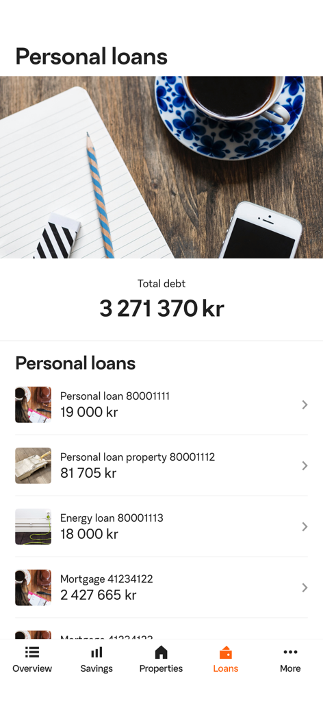 Screenshot dell'app mobile SBAB che mostra un elenco di prestiti personali e il saldo totale del debito
