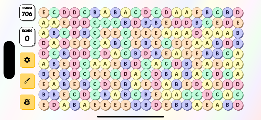 ABCDE Game - Gameplay screen of ABCDE Game showing a grid of colorful letter circles and a score sidebar