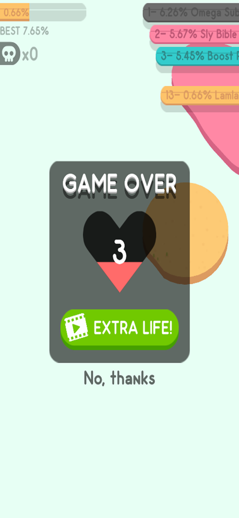 3D PaperIO - Pie battle ground - Game over screen in 3D PaperIO Pie battle ground showing extra life option and countdown