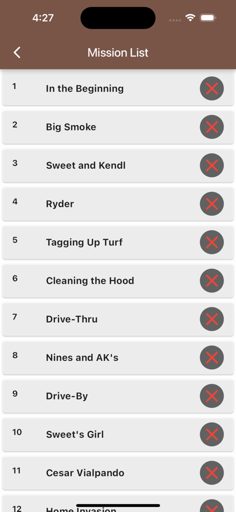 GTA San Andreas cheat codes SA - Mobile app screen showing a numbered list of GTA San Andreas missions for completion tracking