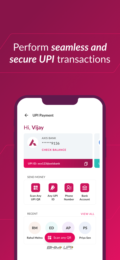 Axis Bank Mobile Banking - Axis Bank app UPI payment screen showing options to send money via QR code or phone number.