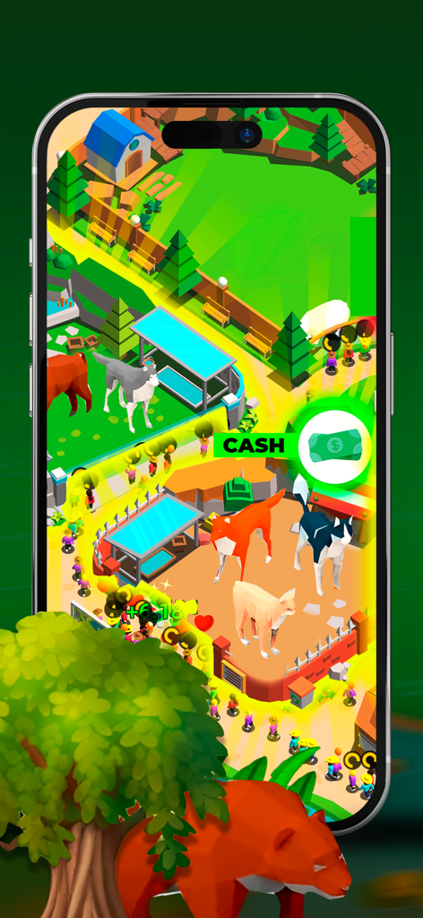 Vista isométrica 3D de un juego de gestión de zoológico con recintos de animales y visitantes