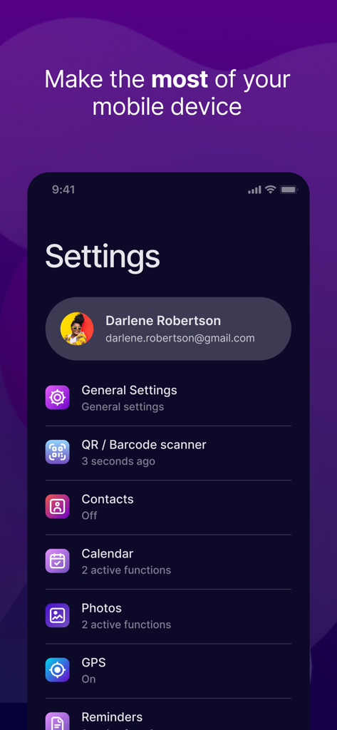 Make (formerly Integromat) - QRスキャナー、連絡先、カレンダー、写真、GPSの連携を示すMakeモバイルアプリ設定インターフェース。