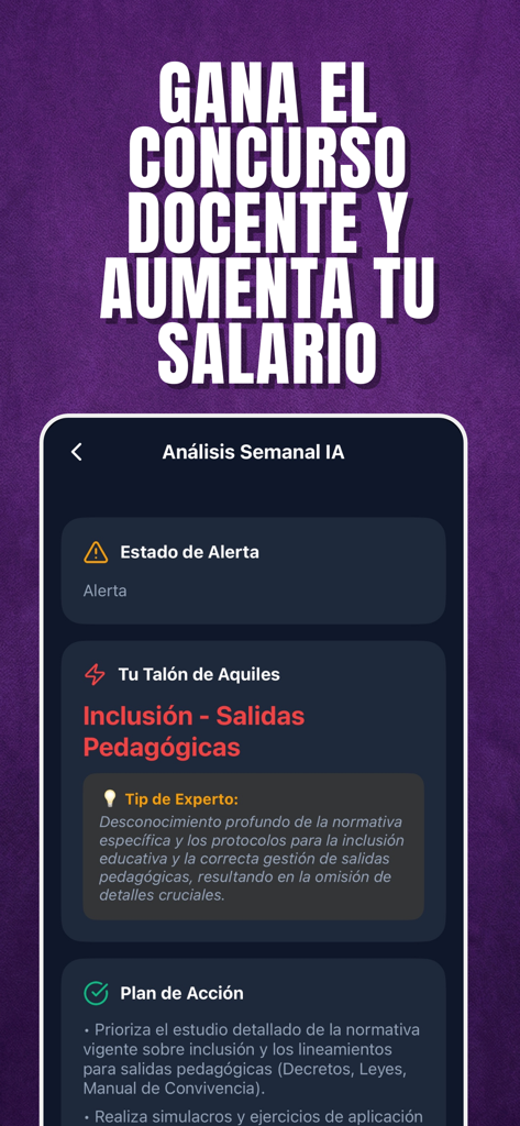 Docente IA: Concurso y SIMO - Weekly AI analysis screen of the Docente IA app highlighting personalized study weaknesses and an action plan for the Colombian teaching competition
