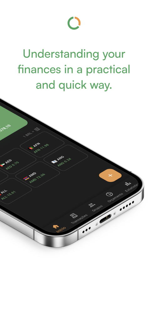 Duo Fin - Budget Planner - Interfaz de la aplicación Duo Fin - Planificador de Presupuestos en la pantalla de un smartphone mostrando tasas de divisas y menú de seguimiento financiero