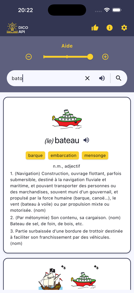 Dico API - Interfaz de la aplicación Dico API que muestra una definición de diccionario para la palabra 'boat' con una ilustración y una barra de búsqueda fonética.