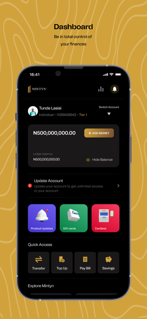 Dashboard of the Mintyn mobile banking app showing account balance and financial management features