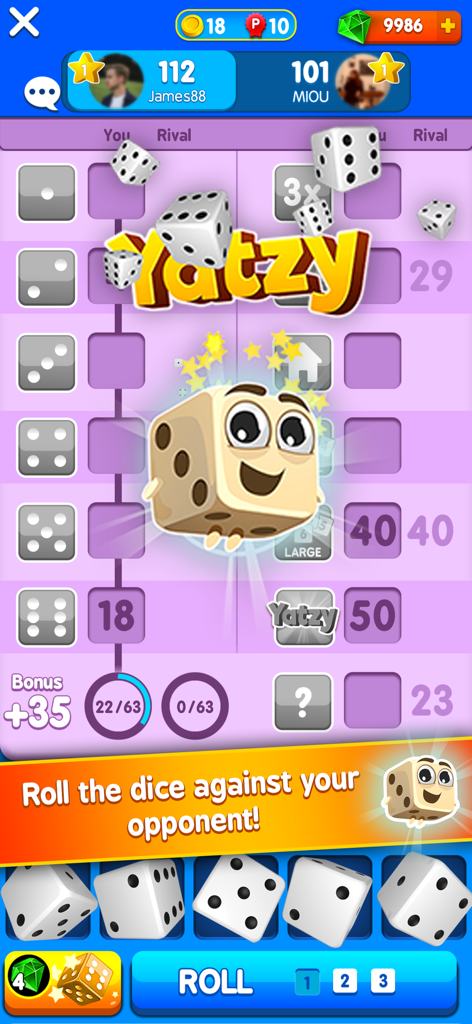 Yatzy Arena® Lucky Dice World - Yatzy Arena game interface showing dice rolls and player scores
