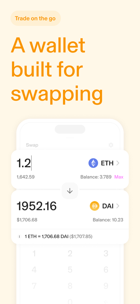 Uniswap: Crypto & NFT Wallet - Interface do aplicativo móvel Uniswap mostrando uma troca de criptomoedas de Ethereum para DAI