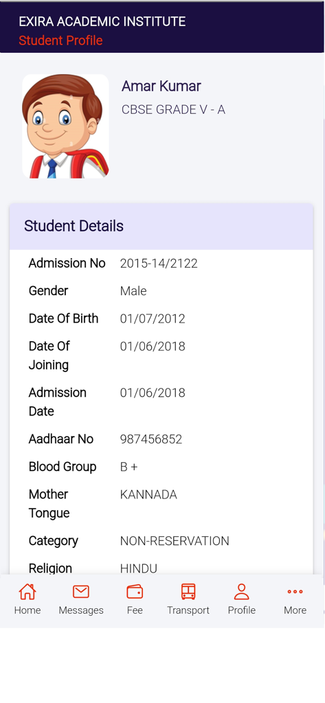 campus.uno - Student profile screen in the campus uno app displaying personal information and school records