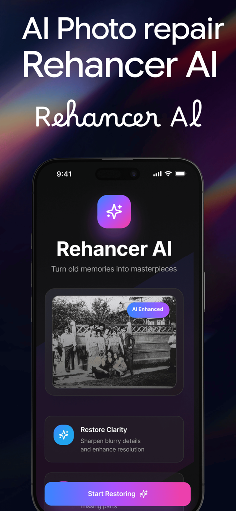 Rehancer AI - AI Photo - Interface of Rehancer AI photo restoration app showing a vintage black and white photo being enhanced.