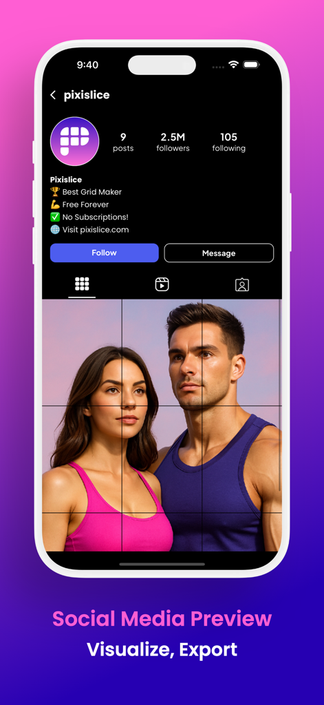 Pixislice - Image Splitter - A preview of a 3x3 grid layout on a social media profile using the Pixislice app