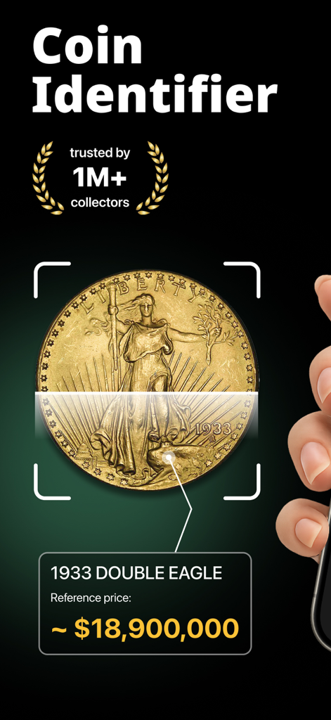 Interface of Coin Identifier app scanning a rare 1933 Double Eagle gold coin showing its reference price