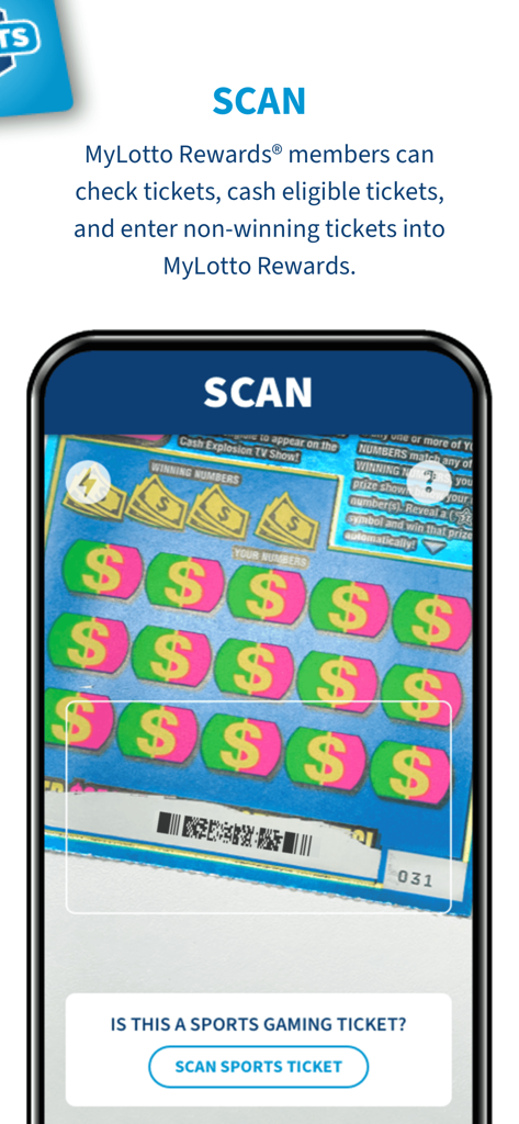 A smartphone displaying the Ohio Lottery app scanning a scratch-off ticket barcode