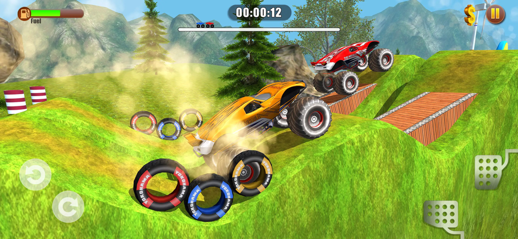 Orange 4x4 monster truck driving through a mountainous off-road course with stunt obstacles