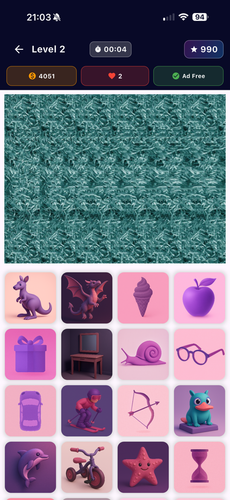 Screenshot von Level 2 im Stereogramm-Spiel, der ein grün texturiertes Muster und ein Raster von Symbolen zur Identifizierung des versteckten Bildes zeigt.