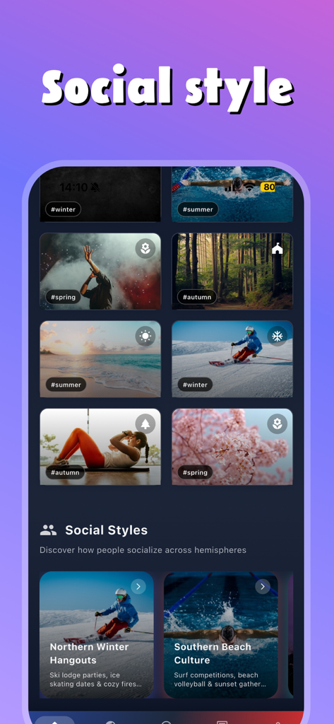 Tiok app interface showcasing social discovery through seasonal travel content and global community experiences.