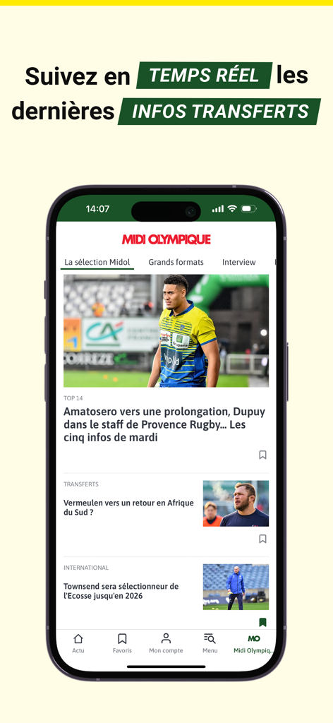 Interfaz de la aplicación Rugbyrama Midi Olympique mostrando noticias y artículos de fichajes de rugby en tiempo real en francés.