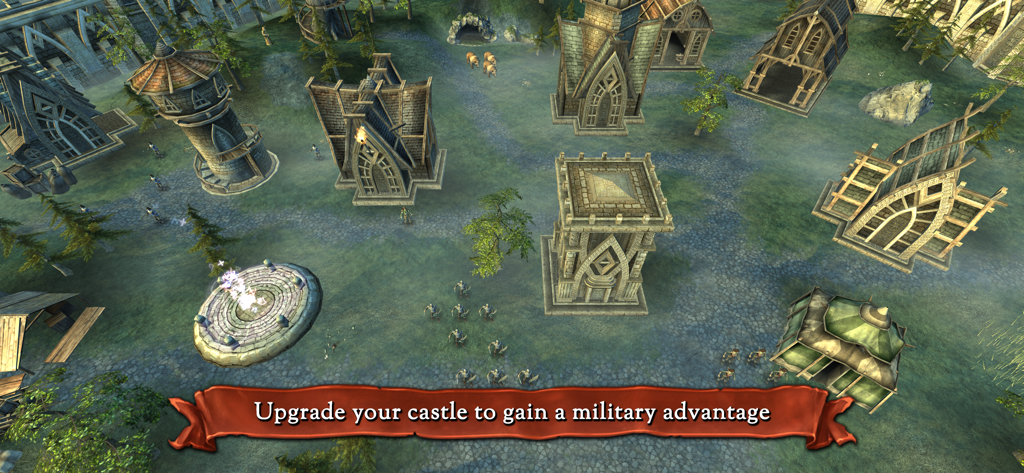 A high-angle view of a fantasy castle base with various buildings and units in the Hex Commander strategy game.