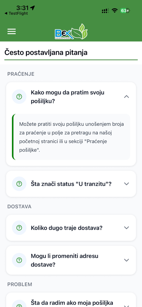 Bex Mobile - Bex Mobile app Frequently Asked Questions section with tracking and delivery information