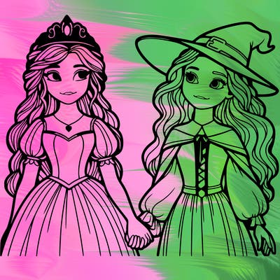 a princess and a witch holding hands realistic