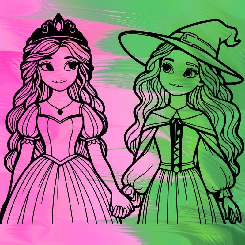 a princess and a witch holding hands realistic